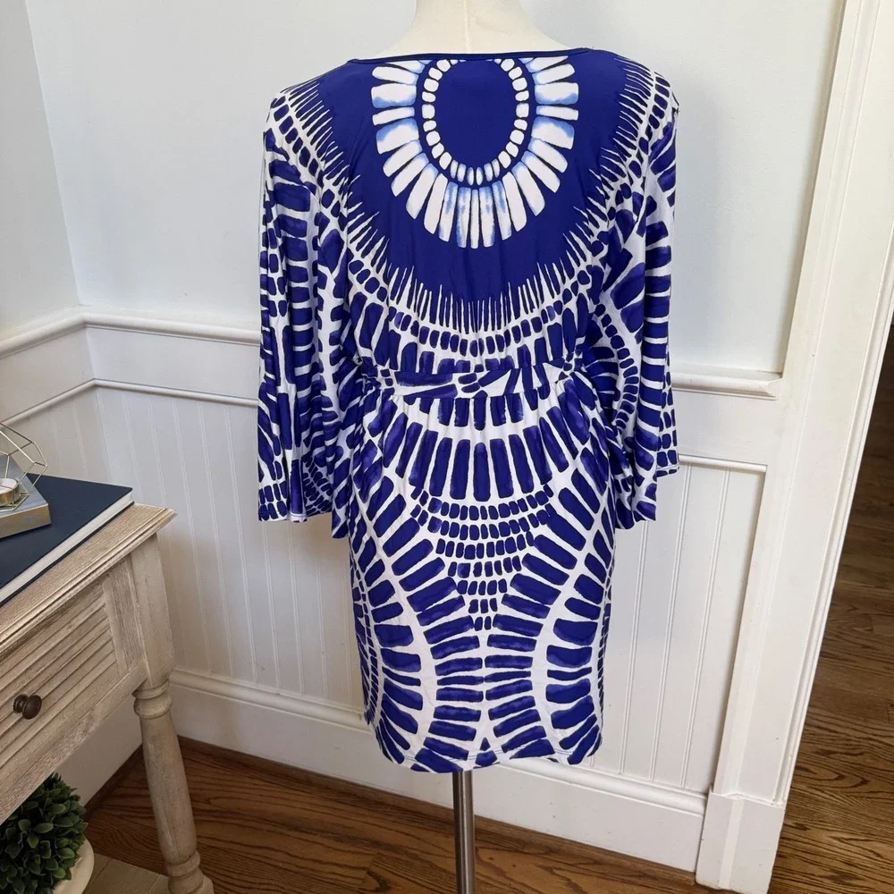 Trina Turk Blue White Geometric Tunic Mini Dress Kimono Sleeve Dashiki Print L - Picture 3 of 6